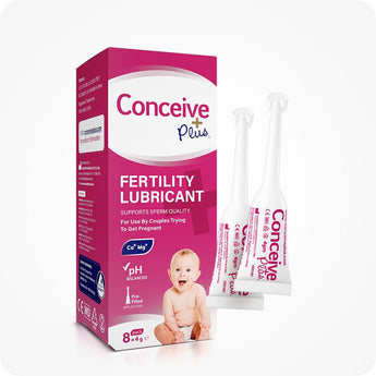 For Conceive Plus Maximum Fertility Bundle, image of 8x4g pre-filled fertility lubricant applicators displayed beside a bright pink retail box, designed for ease of use by couples trying to conceive, with baby illustration and key benefits.