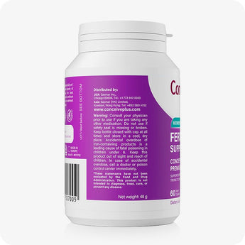 For Conceive Plus Maximum Fertility Bundle, image of women’s fertility support bottle side panel featuring distribution addresses for the USA, Asia, and UK, alongside safety warnings, FDA disclaimer, barcode, and net weight on a purple background label.