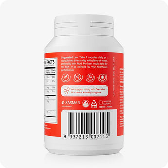 For Conceive Plus Motility and Ovulation Support Bundle, rear label of Motility Support bottle for men, highlighting usage instructions, icons for quality and safety assurance, supplement facts, and scannable barcode, all set against a bright red panel to communicate dosage clarity and trustworthy formulation.