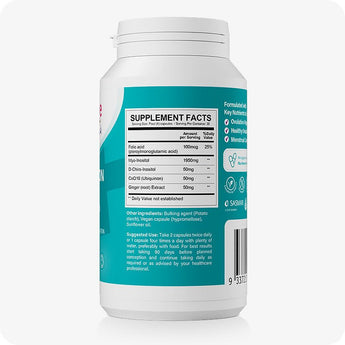 For Conceive Plus Motility and Ovulation Support Bundle, back label close-up of Ovulation Support supplement, clearly displaying Supplement Facts panel with ingredients like Myo-Inositol, CoQ10, and Ginger Extract, along with suggested use instructions and clean layout on a teal background.