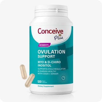 For Conceive Plus Motility and Ovulation Support Bundle – close-up of Ovulation Support bottle designed for women, featuring teal-colored label with bold text detailing Myo & D-Chiro Inositol formula; 120-count vegan capsules shown floating beside bottle, placed on a white background to highlight product branding and composition.