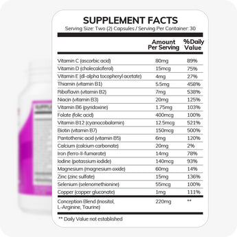For Conceive Plus Women's Fertility Support and Fertility Lubricant Bundle, supplement facts panel enlarged to show detailed nutrient breakdown per two-capsule serving, including vitamins, minerals, and a 220mg Conception Blend with Inositol, L-Arginine, and Taurine, against a white background with part of the bottle visible.